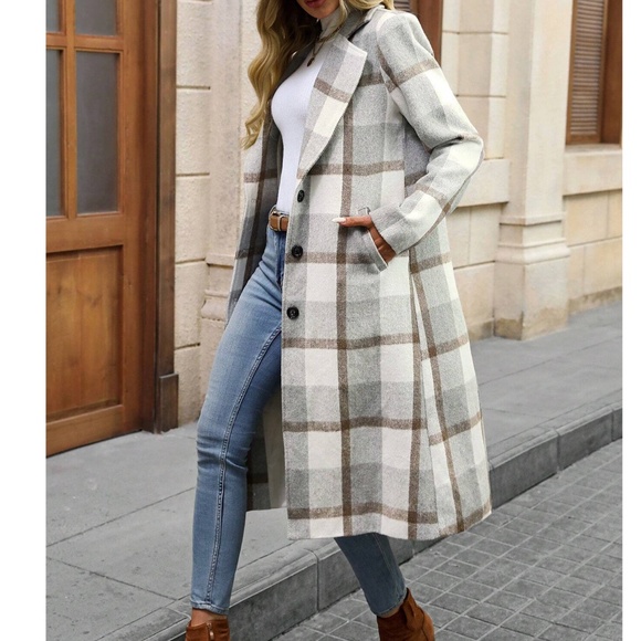 Classic Plaid Print Button Pockets Long Jacket Coat - Picture 3 of 12